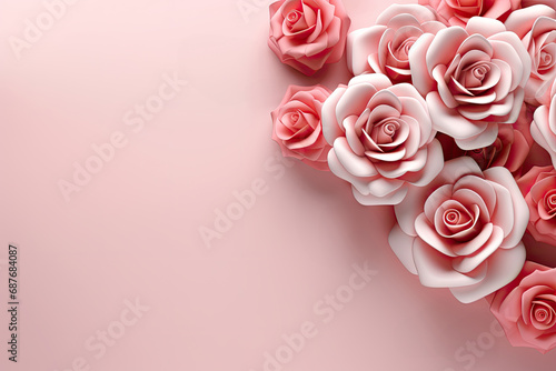 Rose border on pink background. Mother s day  Valentines Day  Birthday  wedding celebration concept. Greeting card. Copy space for text  top view
