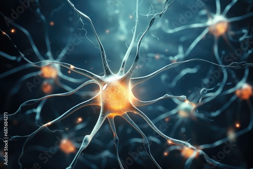A detailed close-up of interconnected neurons. This image can be used to illustrate concepts related to neuroscience, brain function, and neural networks