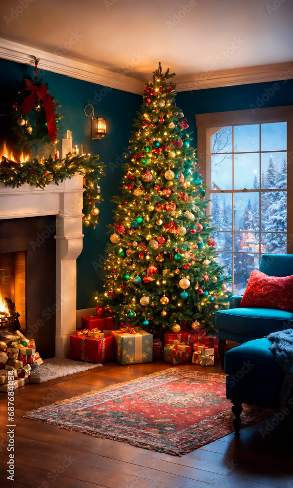A Christmas tree with lights and toys stands in the room by the window. There are gifts under the tree