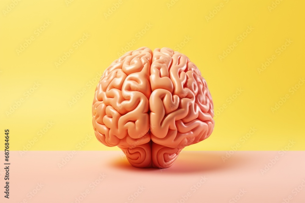 A model of a brain displayed on a vibrant yellow background. Ideal for educational or medical purposes A model of a brain displayed on a vibrant yellow background. Ideal for educational or medical purposes
