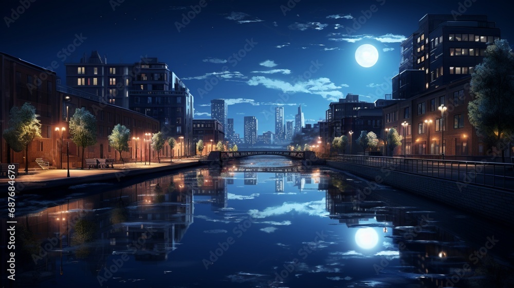 The soft glow of city lights reflecting on the calm surface of a midnight river.