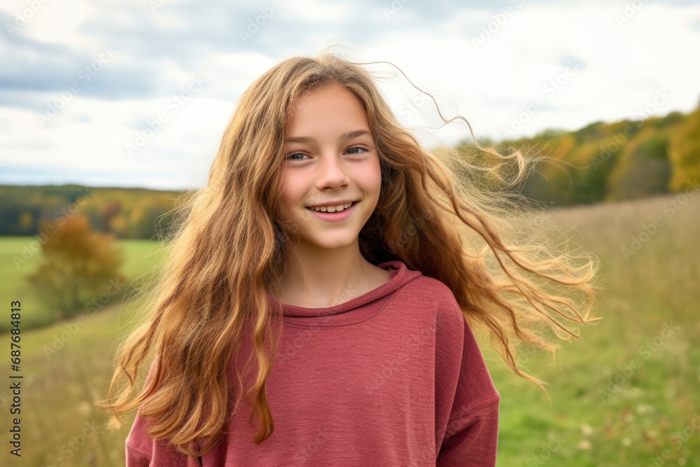 A young girl with long red hair is smiling in a field