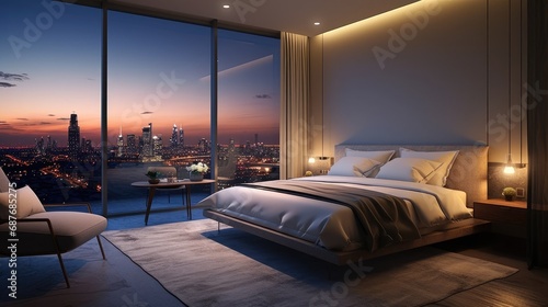 a modern and luxurious hotel room with a stunning view of the city skyline, the upscale ambiance of a 5-star accommodation. © lililia