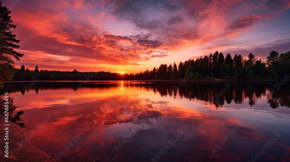 A serene sunset over a calm lake, reflecting vibrant hues of orange and pink.