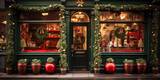 Old fashioned store exterior decorated for Christmas with wreaths and garlands, red and green, wide banner
