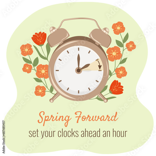 Daylight Saving Time begins concept. Spring forward, set your clocks ahead one hour. Alarm-clock with hand points onward. DST starts in USA for banner, web, emailing. Flat design vector illustration