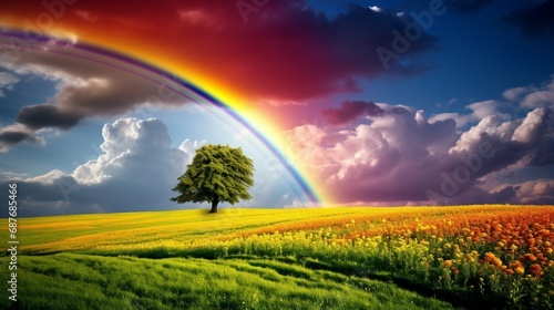 The vibrant colors of a rainbow arching over a quaint countryside after a passing storm.