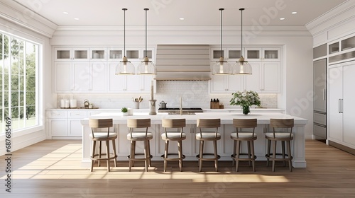 a beautiful white kitchen in a new luxury home, a large island, pendant lights, and wood floors, the composition in a minimalist, modern style. © lililia