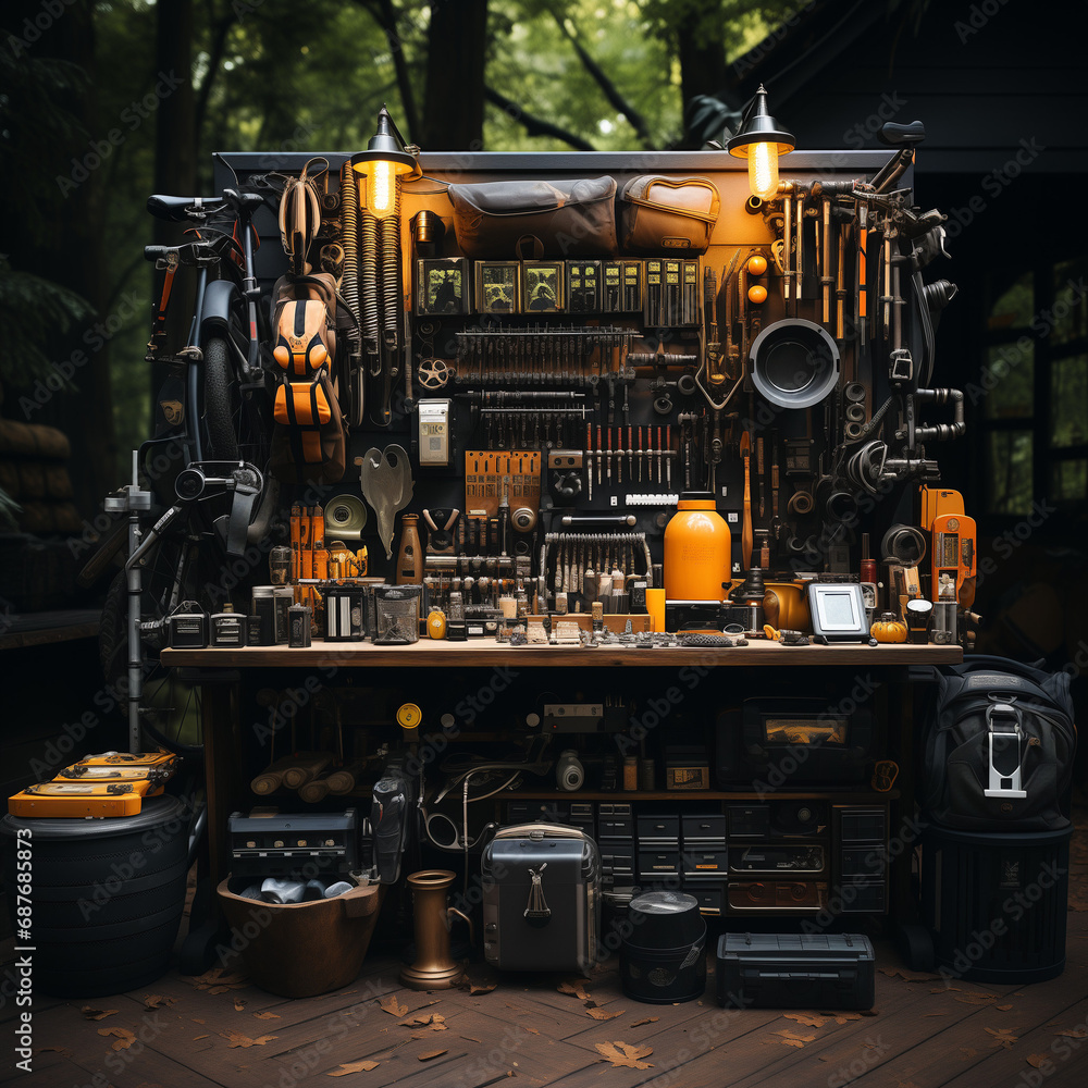 Fototapeta premium bicycle repair station with tools, spare tires, and a bike stand. The neatly organized tools and spare parts create an inviting setup for cyclists to maintain their bikes, highlighting the mechanical 