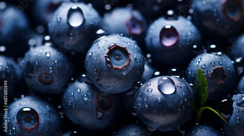 Fresh blueberries group with seamless background, decorated with glistening droplets of water. Shot top down view. Healthy and beautiful food photography for a magazine and commercial advertising. 