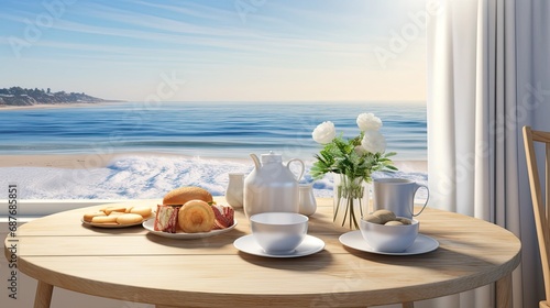 morning and breakfast on a serene sea beach, the composition in a minimalist, modern style, emphasizing the peaceful ambiance of the seaside.