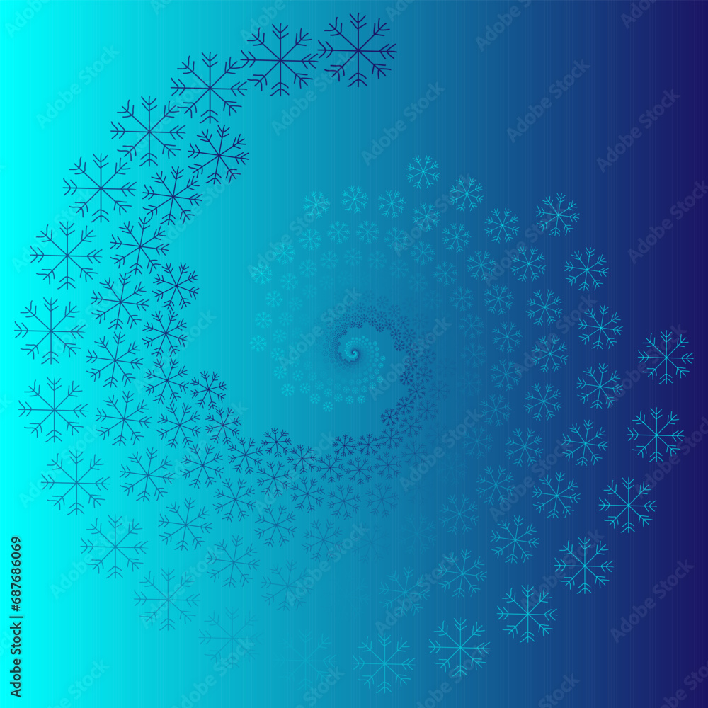 Vector abstract pattern in the form of snowflakes arranged in a spiral on a blue background