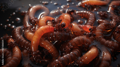 Fresh alive worms in wet background with water. Shot top down view. Photography for a magazine and commercial advertising photo
