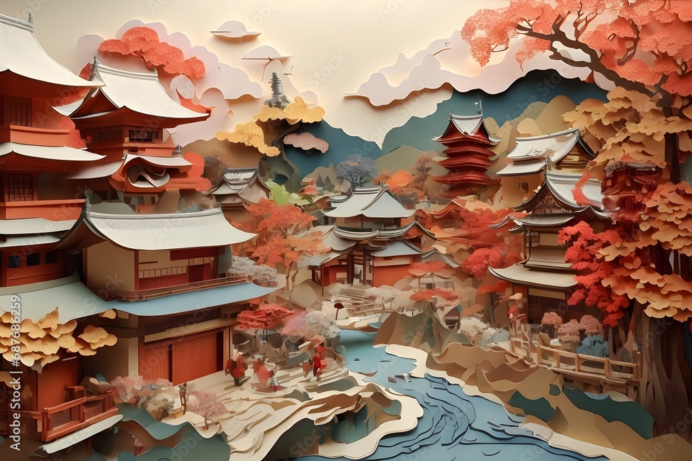 Japan Village Paper Art landscape with red pagoda, lake, mountains. Japan Village Paper Art landscape with red pagoda, lake, mountains.
