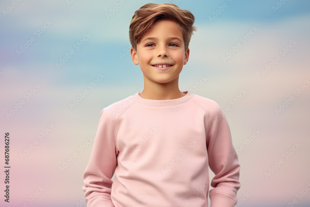 A young boy wearing a pink sweater smiles for the camera A young boy wearing a pink sweater smiles for the camera