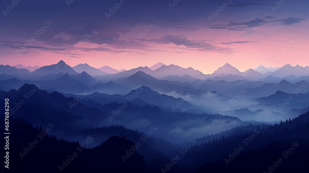 The rugged beauty of a mountain range silhouetted against the fading twilight.