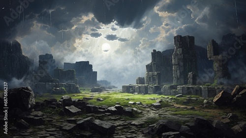 The play of light on the textured surface of ancient ruins beneath a cloud-studded sky.