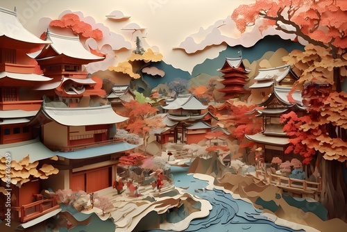 Japan Village Paper Art landscape with red pagoda, lake, mountains. © Penatic Studio