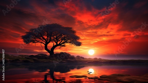 The silhouette of a lone tree against the backdrop of a vivid, fiery sunset. © art design