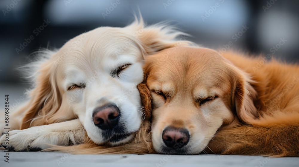 A cozy scene of two sleepy dogs lying together, portraying the adorable and comforting nature of pets A cozy scene of two sleepy dogs lying together, portraying the adorable and comforting nature of pets