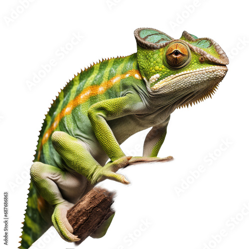 Chameleon on Branch. Isolated on a Transparent Background. Cutout PNG.