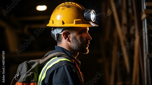 A closeup of an industrial engineer wearing a helmet, emphasizing the seriousness and focus required in the job