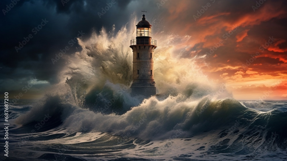 A solitary lighthouse standing tall against the crashing waves of a stormy sea.