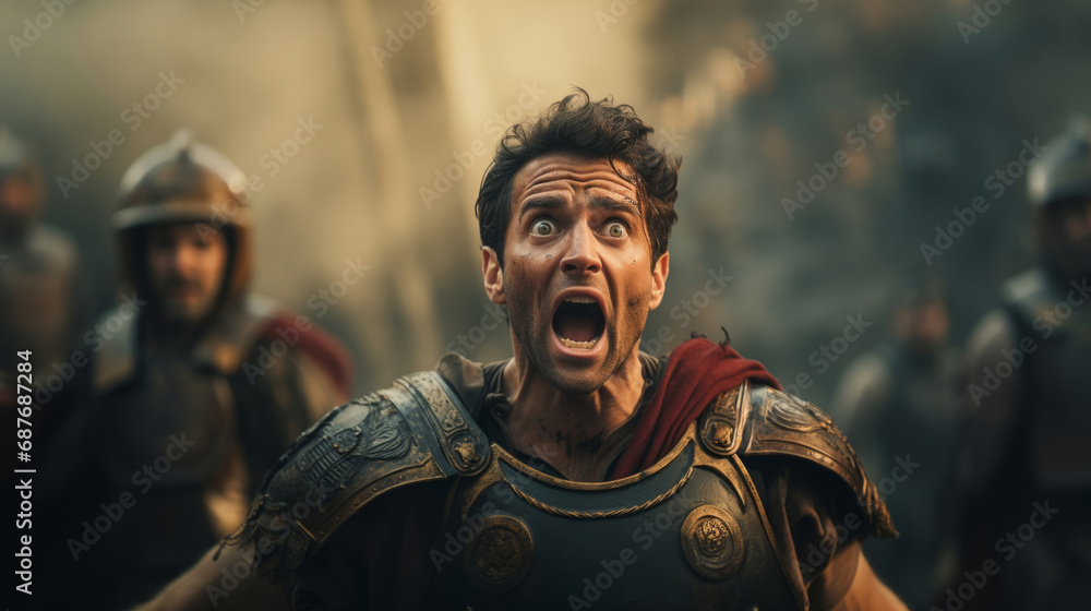 Shocked roman soldier or gladiator, comical. Ancient Rome concept.