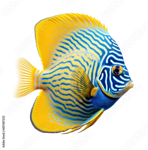 a blue and yellow discus fish isolated