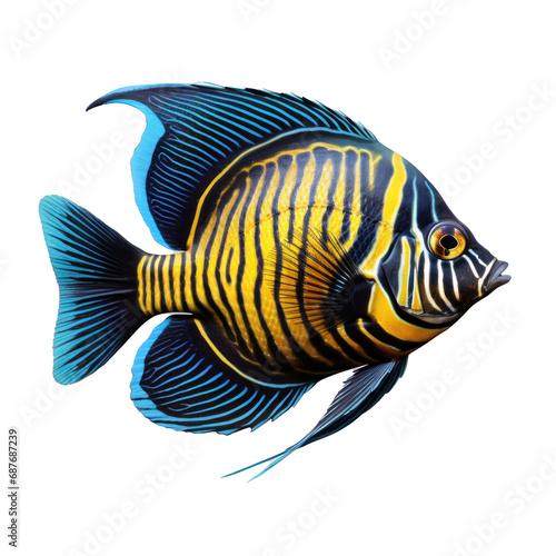 a colorful and striped tropical fish, isolated