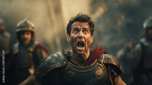 Shocked roman soldier or gladiator, comical. Ancient Rome concept. photo