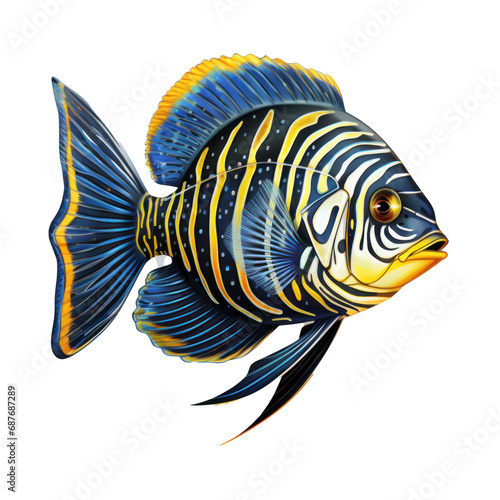 a colorful and striped tropical fish, isolated