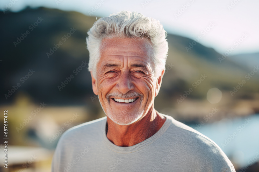 A man with gray hair and a mustache smiles for the camera A man with gray hair and a mustache smiles for the camera