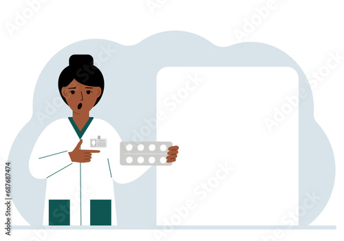 A female doctor holds pills in his hand. Large white sheet for text.