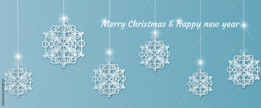 Beautiful paper snowflakes hang on a white thread with a bow, for decoration of backgrounds, cards, web pages.
Beautiful paper snowflakes hang on a white thread with a bow, for decoration of backgrounds, cards, web pages.