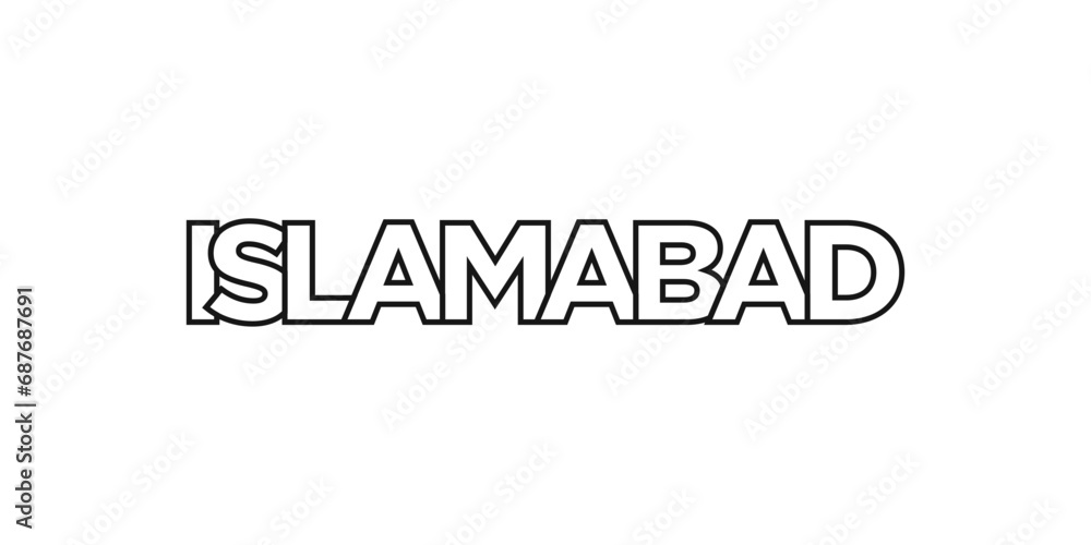 Islamabad in the Pakistan emblem. The design features a geometric style, vector illustration with bold typography in a modern font. The graphic slogan lettering.