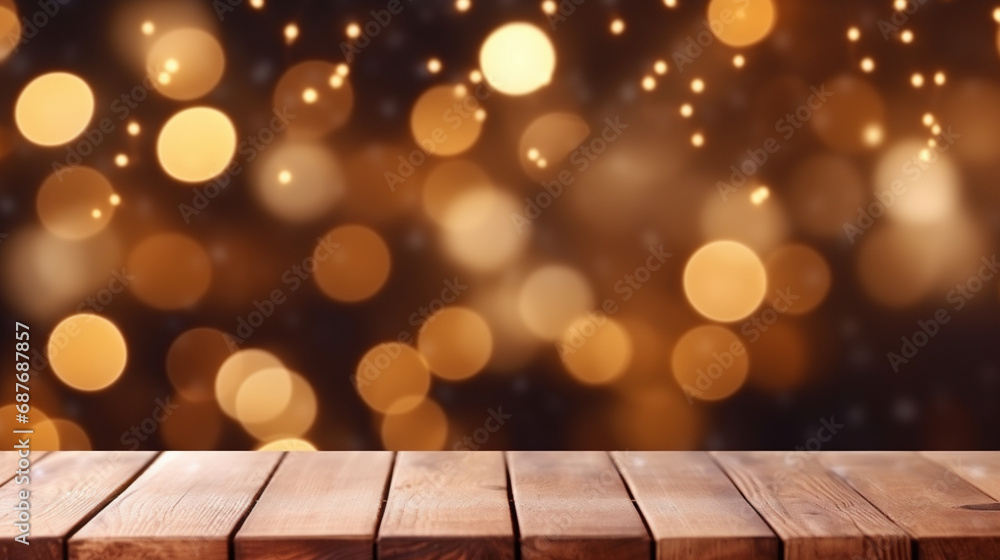 Empty wooden table top with Bokeh festive Christmas and New Years fairy lights. Festive theme. Stage for product design. Generative AI Empty wooden table top with Bokeh festive Christmas and New Years fairy lights. Festive theme. Stage for product design. Generative AI