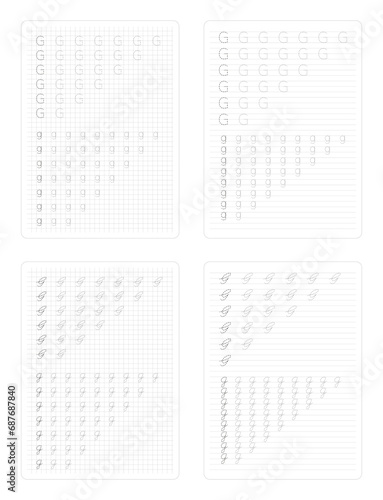 Letter G. Uppercase lowercase trace english alphabet design for learning handwriting. A4 Printable worksheet for preschool kindergarten kids to improve basic writing skills.