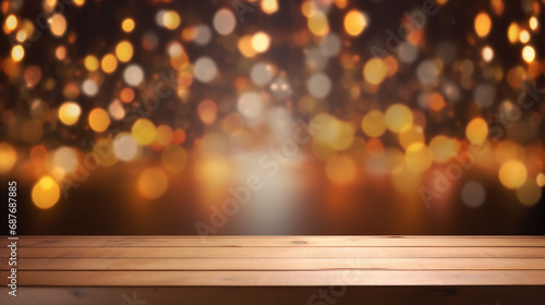 Empty wooden table top with Bokeh festive Christmas and New Years fairy lights. Festive theme. Stage for product design. Generative AI