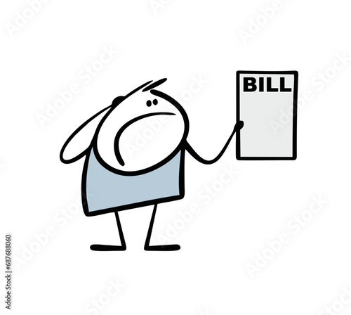 Unpleasantly surprised stickman holds a piece of paper with an invoice in his hand. Vector illustration the stickman is upset with large amount, he needs to pay the bill.