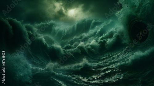 A powerful image of rough ocean waves crashing against the coast, portraying the intensity of the sea during a storm