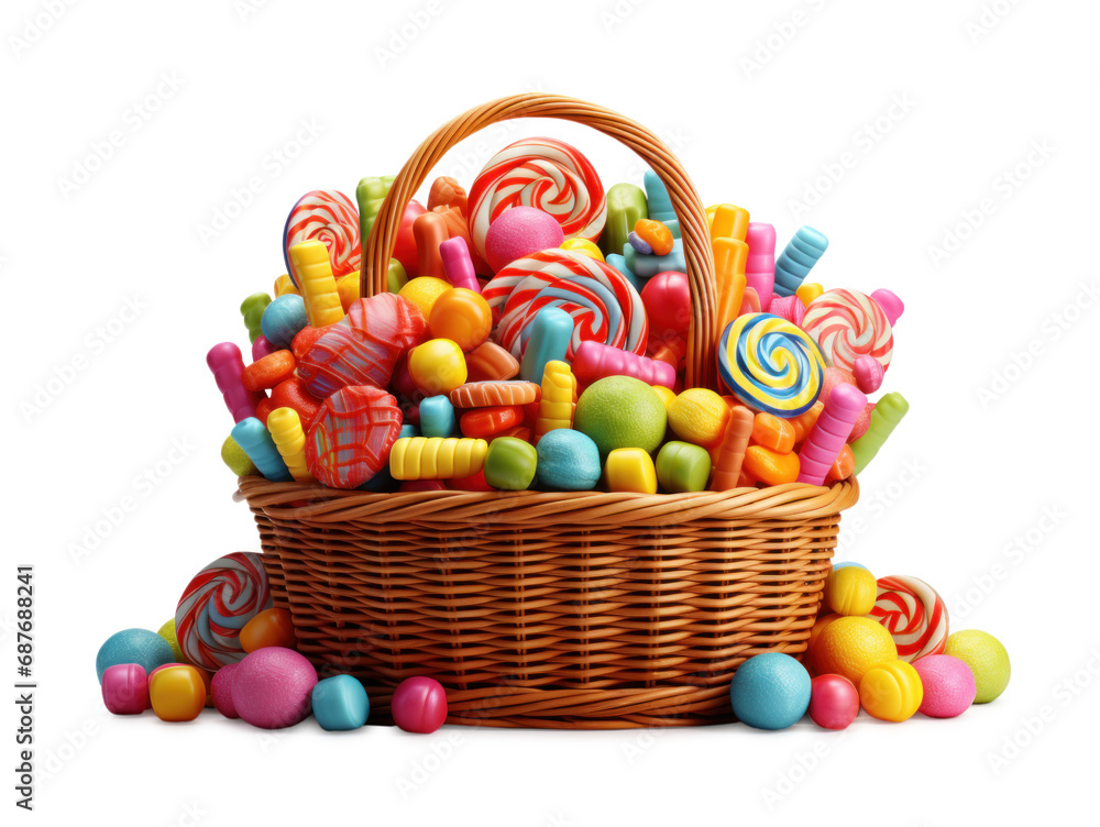 gift basket with bright, multicolor sweets lollipops and candies, isolated
