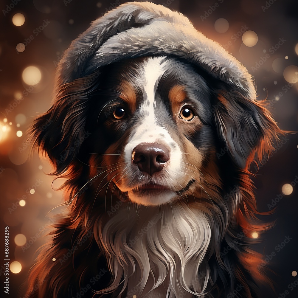 Funny dog ​​in a warm festive hat. Banner with animals on a holiday theme. Winter scene with garlands.