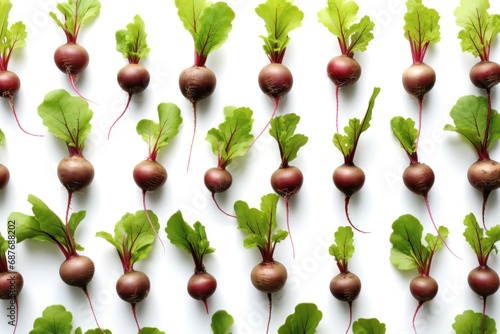 beetroot with green tops, pattern on a white background