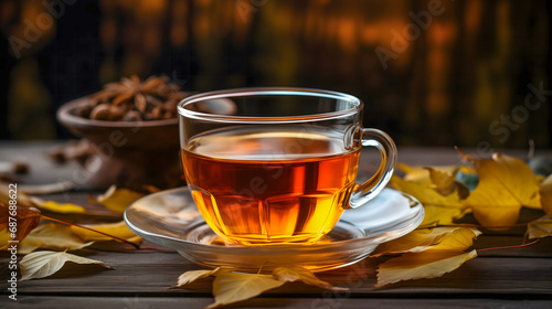 Une tasse de thé transparente remplie de thé ambré, posée sur une soucoupe et entourée de feuilles d'automne sur une table en bois.
