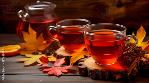 Une théière et deux tasses remplies de thé, entourées de feuilles d'arbres et d'ingrédients sur un fond en bois.