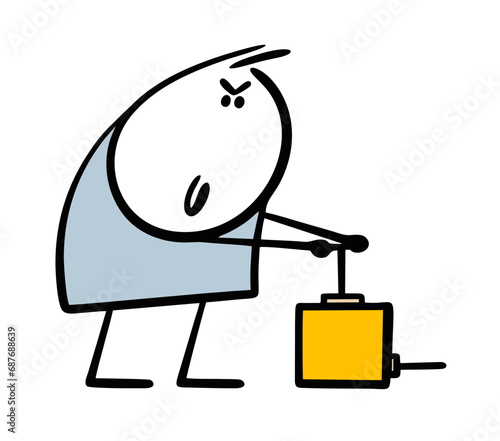 Insidious stickman presses the lever, device with dynamite to explode. Vector illustration of man taking revenge on his enemies. Worker undermines a layer of ground.