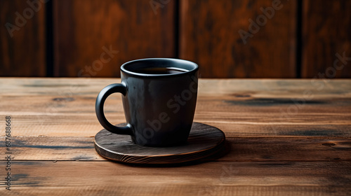 Une tasse noire de café posée sur une soucoupe sur une table en bois.