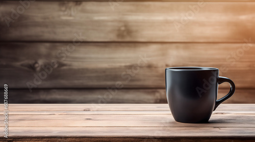 Gros plan sur une tasse à café noire posée tout à droite sur une table en bois photo
