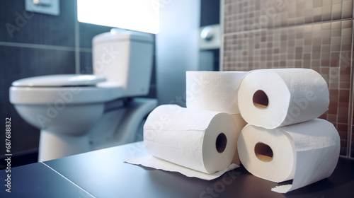 Canvas Print Un intérieur de salle de bain avec quatre rouleaux de papier toilette et une cuvette de WC en arrière-plan